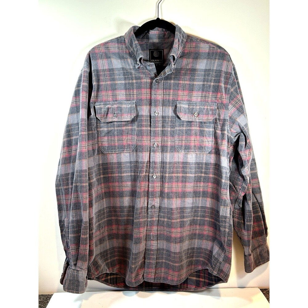FX Fusion Flannel Men's Corduroy Plaid Button Down Shirt Size L  EUC
